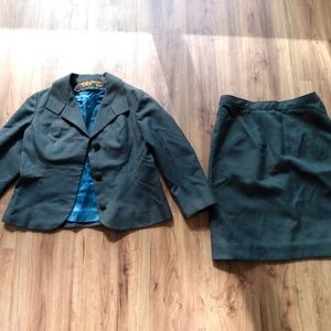 Vintage 50s 60s Suit MCM Jacket Skirt Tailored Dark Green Split Collar 35B 28W